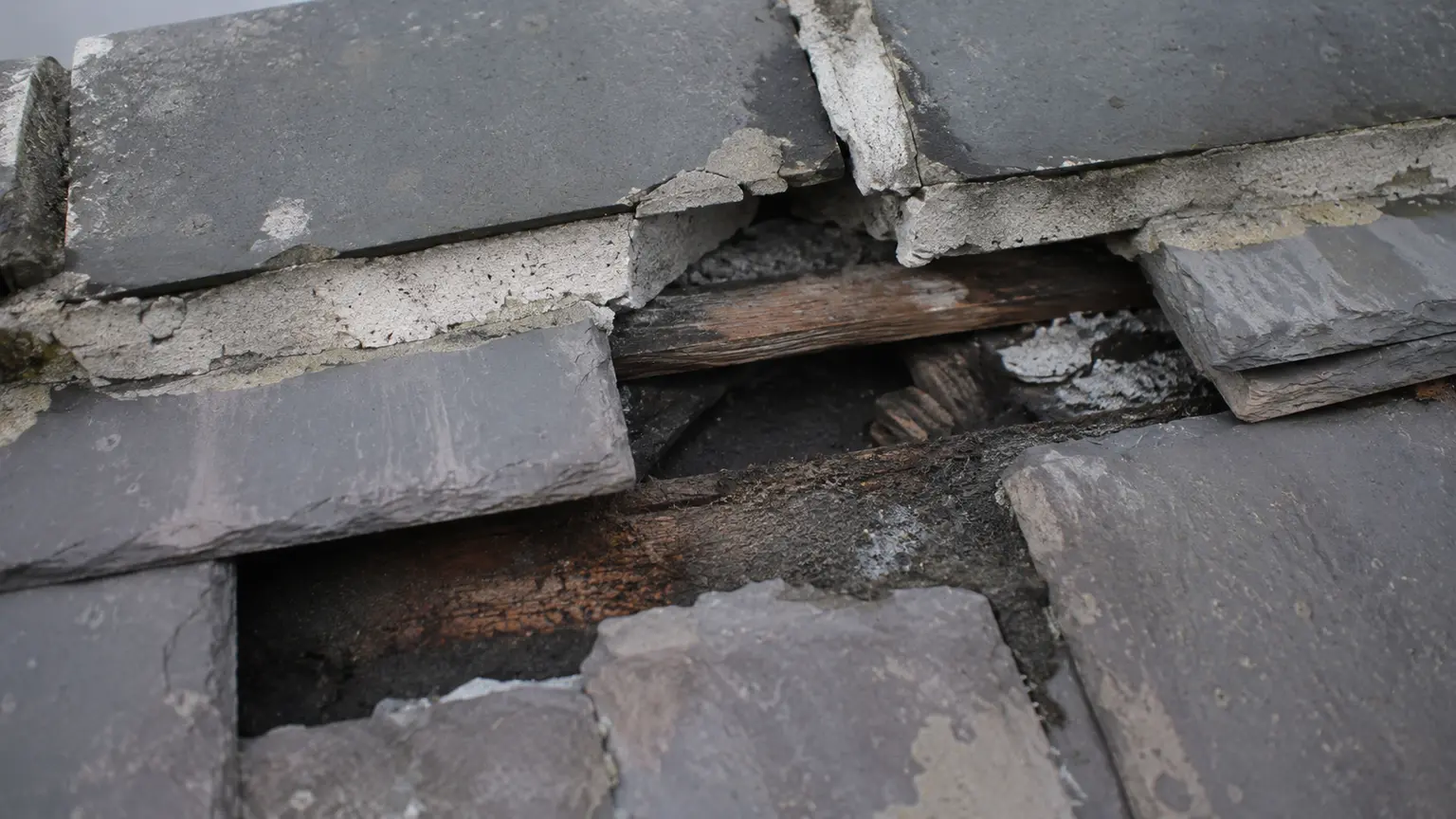 Close-up of damaged roofing showing cracked and lifting material where water can get in