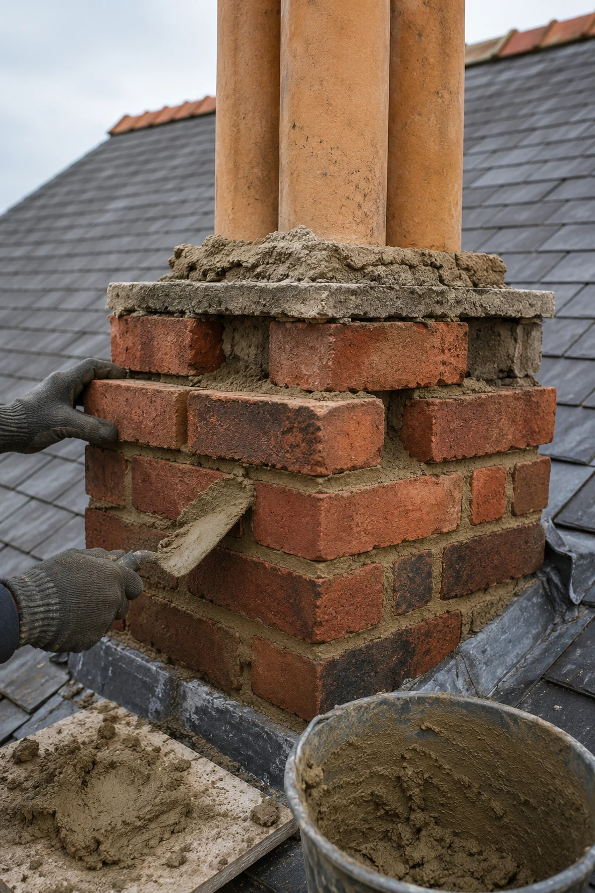 A Dublin chimney being repointed and re-flaunched by hand