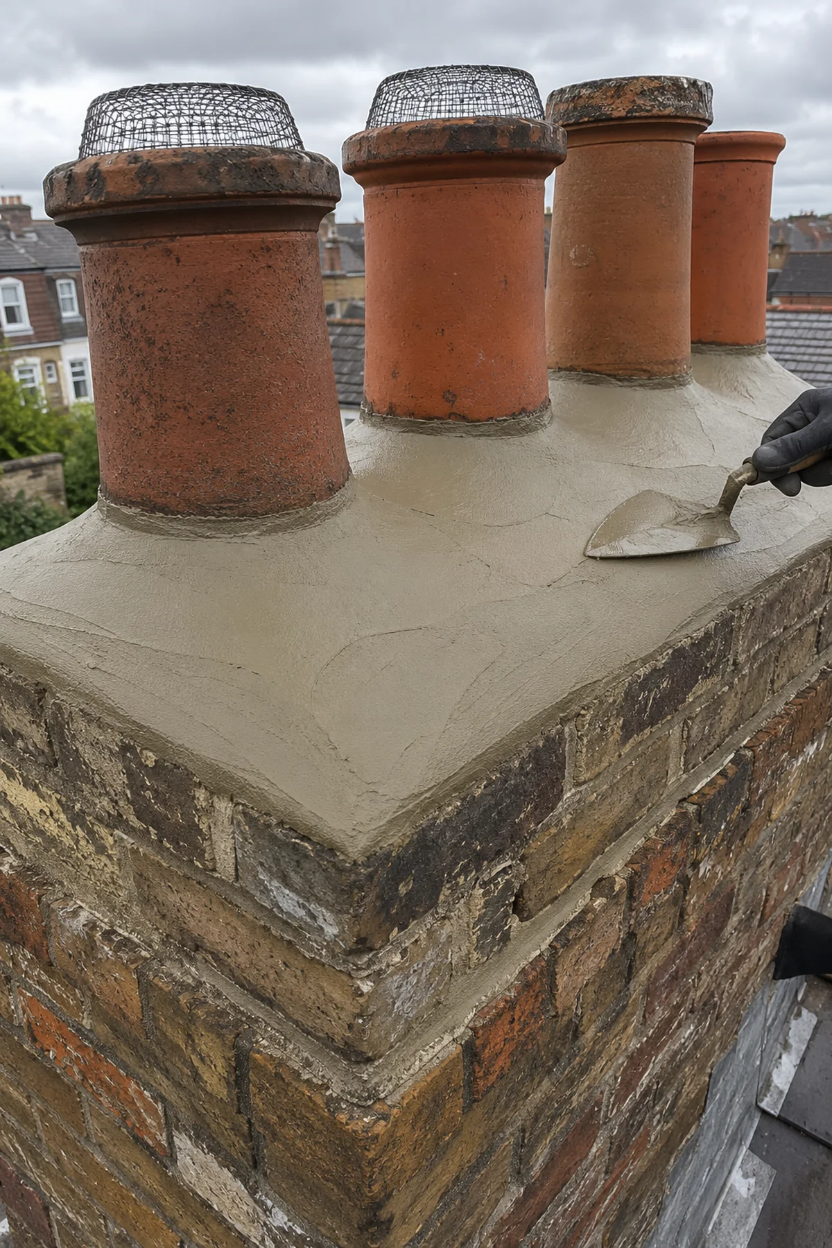 Fresh mortar flaunching dressed around the pots on a Dublin chimney