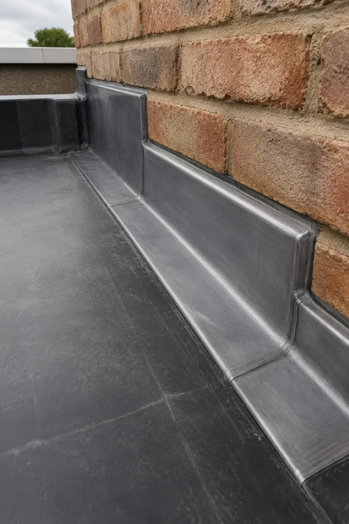 Lead upstand and membrane detail where a flat roof meets a wall